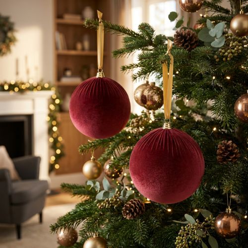 Article Boules de Noël en velours bordeaux 25 cm, lot de 2, pour suspension intérieure