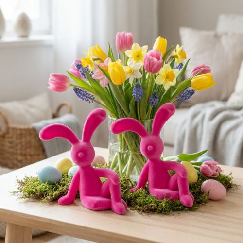 Figurines lapin rose assis en décoration printanière – Lot de 2, 22 cm | Floristik24.fr