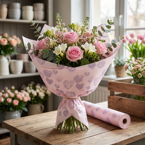 Papier de fleuriste avec motifs cœurs pour créations florales décoratives 25 cm x 25 m | Floristik24.fr