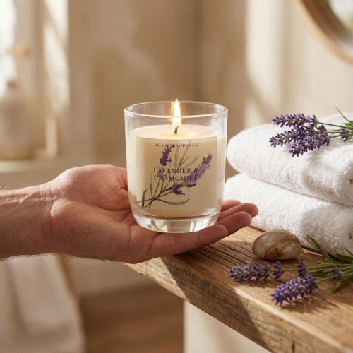 Article Bougie parfumée en verre Lavande et Camomille 8,5 cm