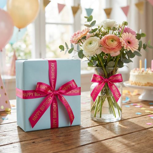 Ruban cadeau anniversaire rose 18 m avec inscription 