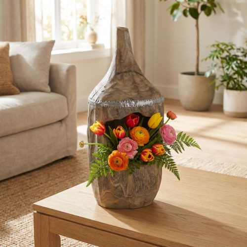 Décoration Sculpturale en Bois de Paulownia Gris Ø15cm H39cm | Floristik24.fr