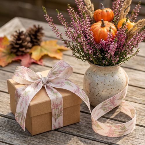 Article Ruban décoratif en tissu motif bruyère d'automne 25 mm x 20 m