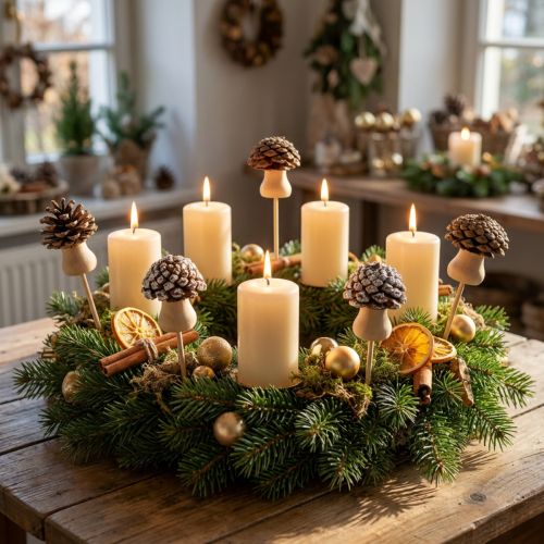 Article Lot de 12 piques décoratives champignons en pommes de pin et bois 4,5 cm