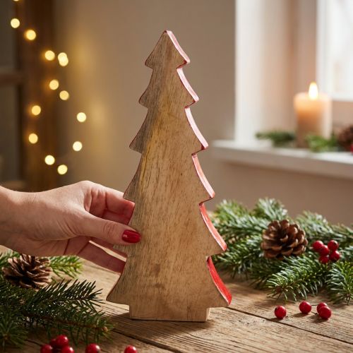 Sapin décoratif en bois naturel et rouge 28 cm | Floristik24.fr