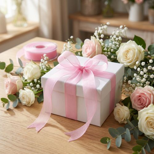 Ruban organza rose avec bordure, 25 mm x 50 m | Floristik24.fr