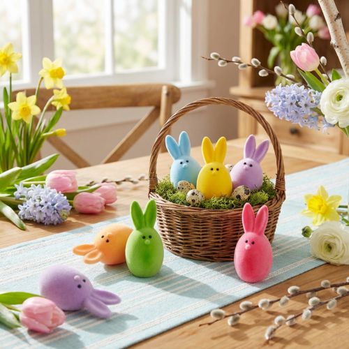 Œufs décoratifs de Pâques avec oreilles de lapin, colorés et floqués, lot de 6 | Floristik24.fr