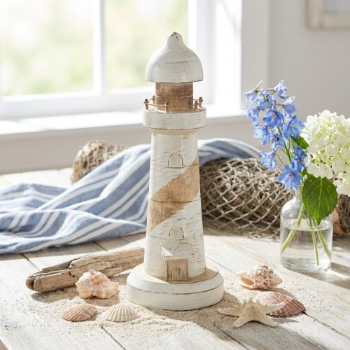 Phare décoratif en bois naturel et blanc 28,5 cm | Floristik24.fr