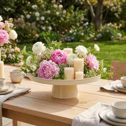 Plateau décoratif rond avec pied en métal crème 30 cm pour décoration intérieure | Floristik24.fr