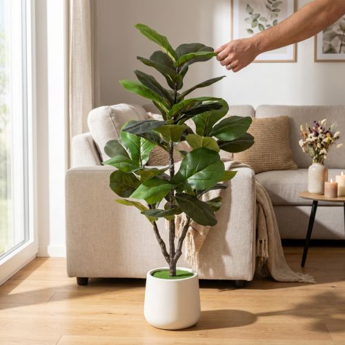 Article Ficus lyrata artificiel 120 cm en textile et plastique, vert, pour décoration intérieure
