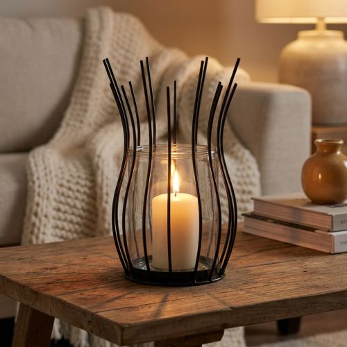 Photophore en métal noir avec verre, design calice, Ø 17 cm H 27 cm | Floristik24.fr