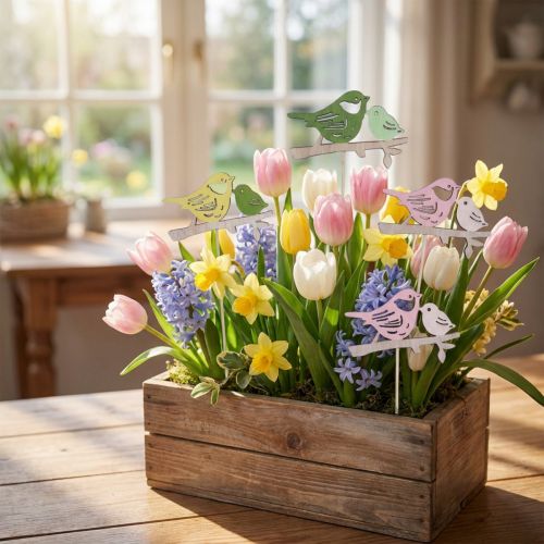 Lot de 12 Décorations Printanières en Bois avec Oiseaux sur Pique – Hauteur 36,5 cm | Floristik24.fr