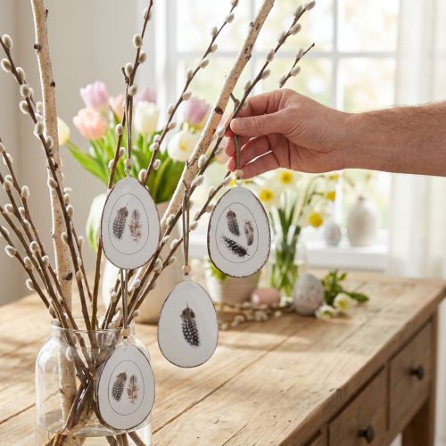 Œufs de Pâques à Suspendre en Métal avec Motifs de Plumes 5 x 7 cm - Lot de 8 | Floristik24.fr