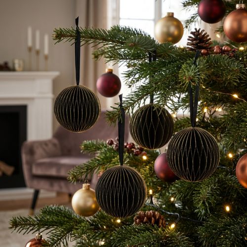 Boules décoratives en papier alvéolé noir et or Ø7cm - Lot de 4 | Floristik24.fr