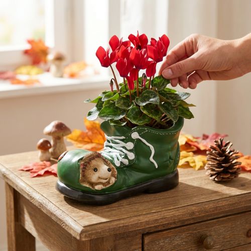 Cache-pot décoratif en céramique vert en forme de chaussure avec hérisson – 23x14x13 cm | Floristik24.fr