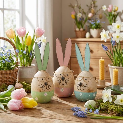 Article Figurines décoratives lapin avec lunettes et oreilles en métal – Lot de 3