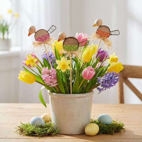 Lot de 12 oiseaux décoratifs en bois sur tige - Déco printemps | Floristik24.fr