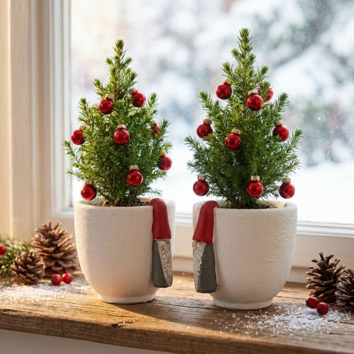Pot de Noël en béton avec lutin, décoration de l’Avent, blanc et rouge, Ø8cm H12,5cm - Lot de 2 | Floristik24.fr