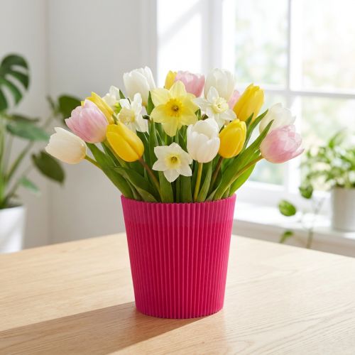 Cache-pot décoratif plissé en plastique rose cerise 12,5 cm - Lot de 100 | Floristik24.fr