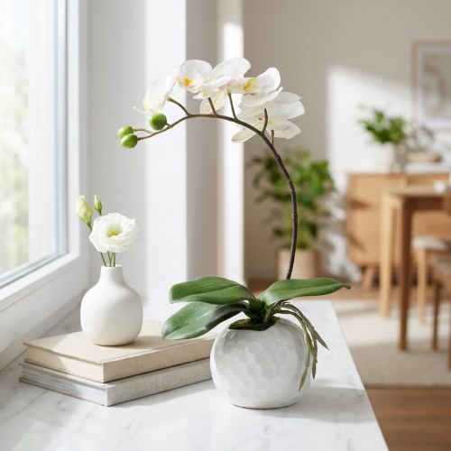 Orchidée artificielle Phalaenopsis crème en pot céramique 33 cm | Floristik24.fr