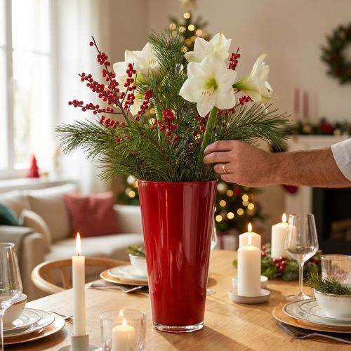 Article Vase conique rouge en plastique brillant Ø20 cm H35 cm