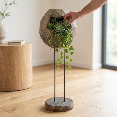 Décoration sculpture en bois de paulownia avec sphère creuse sur pied H68cm | Floristik24.fr