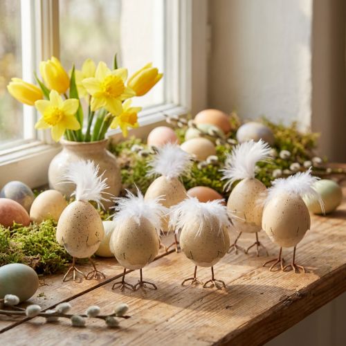 Figurines de poussins en coquille d'œuf, crème et blanc, 6 cm, lot de 6 | Floristik24.fr