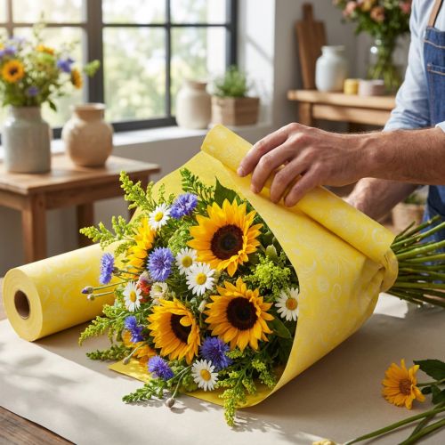 Manschettenpapier jaune motif estival blanc 25 cm x 100 m | Floristik24.fr