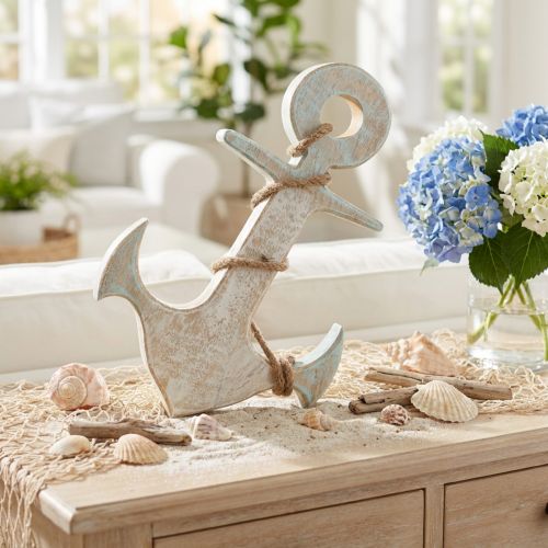Ancre déco en bois blanc et bleu style marin 24,5 x 14,5 cm | Floristik24.fr