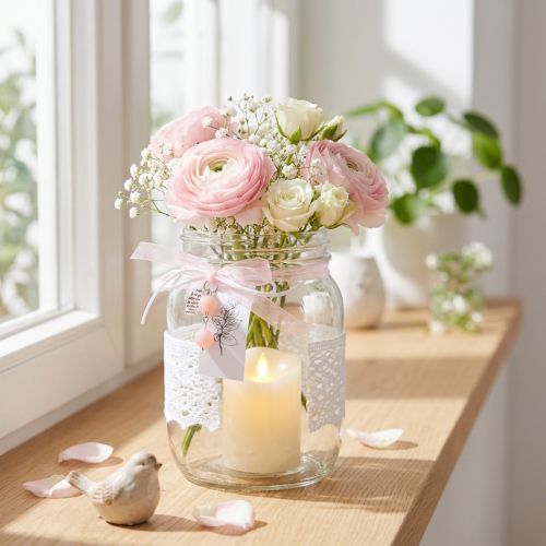 Pot en verre avec couvercle, dentelle blanche et décor argenté Ø10cm H17cm | Floristik24.fr
