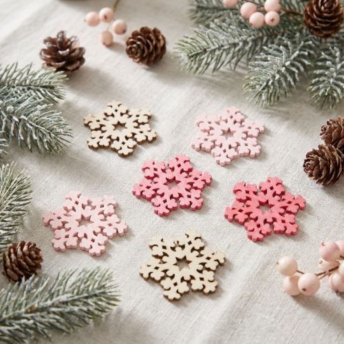 Lot de 144 flocons en bois décoratifs Ø2cm - Rose, Rose Clair et Naturel | Floristik24.fr