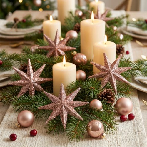 Décoration de Noël - Étoiles Pailletées Rosé Doré 10 cm (Lot de 12) | Floristik24.fr