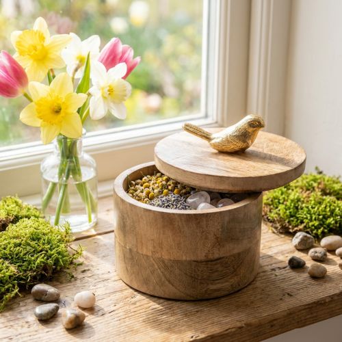 Article Boîte à bijoux en bois de manguier avec couvercle et oiseau doré - Ø 12 cm, H 11 cm