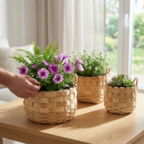 Article Set de 3 caches-pots en bois tressé avec poignée et doublure plastique