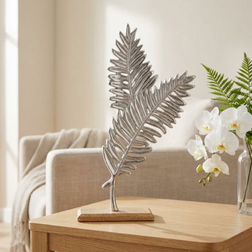 Décoration Table Feuille Métallique Argent sur Socle en Bois 54cm | Floristik24.fr