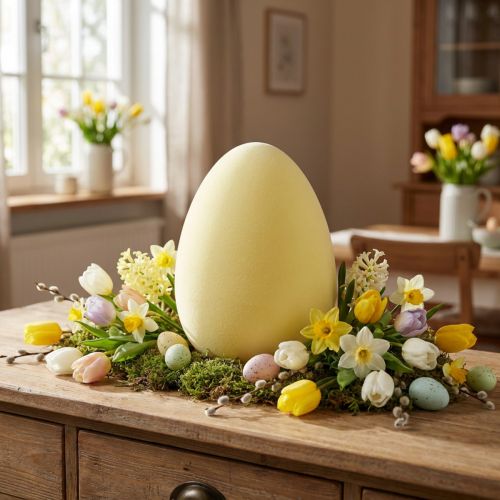 Article Grand œuf décoratif jaune clair en plastique avec finition veloutée - 25 cm