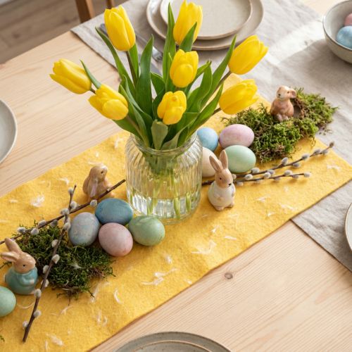 Ruban en laine feutrée jaune avec plumes blanches 15 cm x 5 m | Floristik24.fr