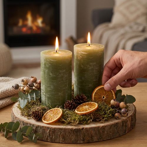 Bougies cylindriques vert olive 85×150mm – Lot de 2 avec effet marbré et 80h de combustion | Floristik24.fr