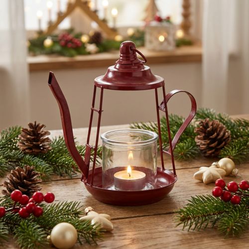 Photophore en forme de théière en métal rouge avec insert en verre H22 cm | Floristik24.fr