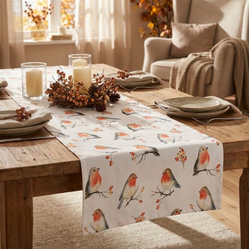 Tête de table automnale en coton avec motif rouge-gorge et baies, 40x150 cm | Floristik24.fr