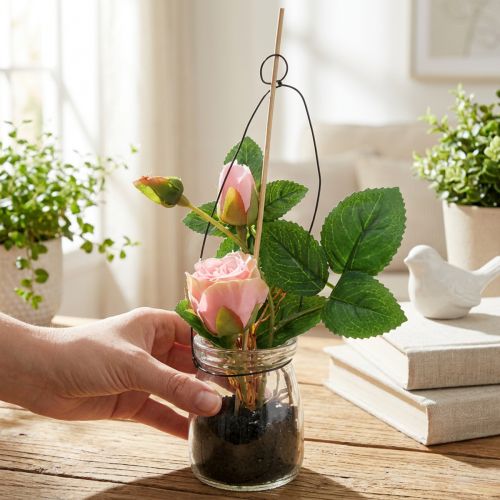 Rose artificielle dans un pot en verre avec crochet, rose, H23cm | Floristik24.fr