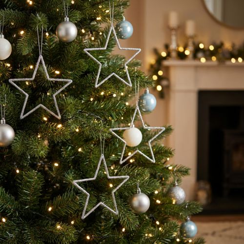 Lot de 9 étoiles décoratives à suspendre argentées pailletées 17,5 cm | Floristik24.fr