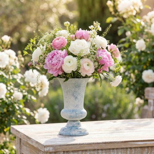 Vase Coupe Antique Blanc et Bleu en Métal Ø17cm H24cm | Floristik24.fr