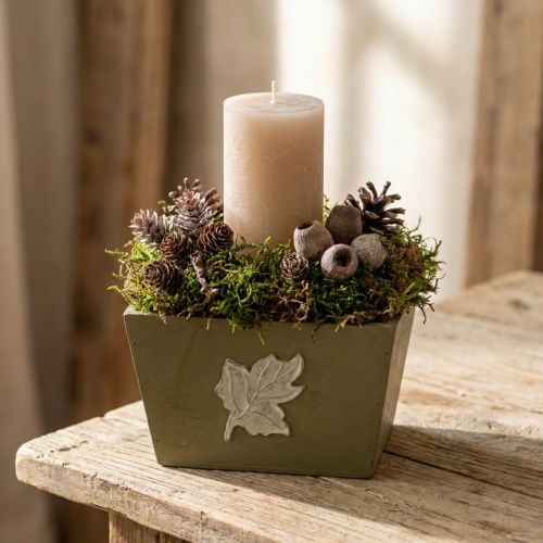 Cache-pot en bois Shabby Chic vert avec motif feuille, 11×14,5×14 cm | Floristik24.fr