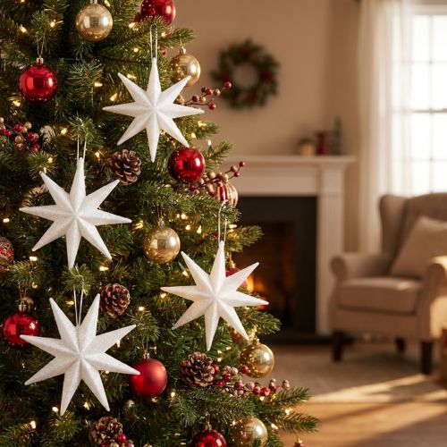 Étoiles décoratives à paillettes blanches 10 cm - Lot de 12 | Floristik24.fr