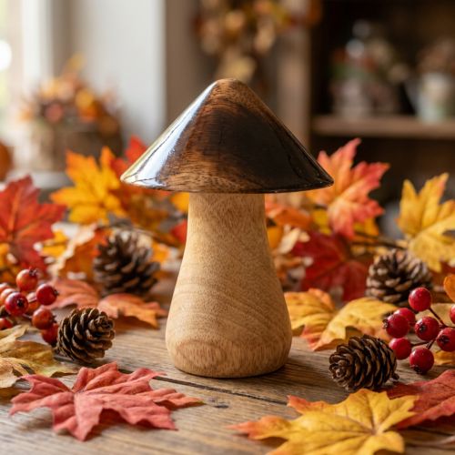 Décoration Champignon en Bois Marron Brillant Ø7,5cm H10cm | Floristik24.fr