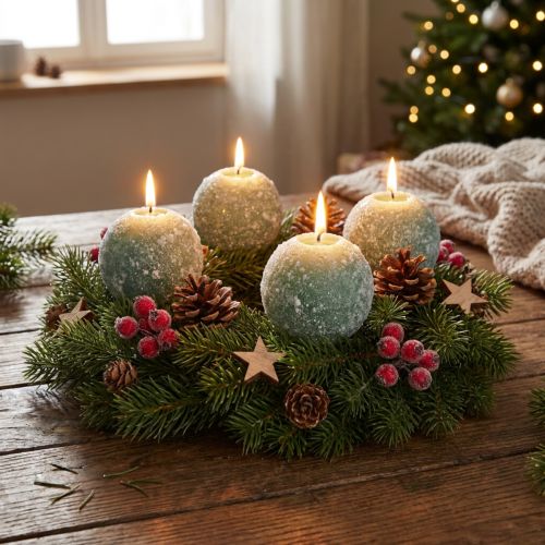 Bougies sphériques vertes effet neige pailleté - Lot de 4 - 8 cm | Floristik24.fr