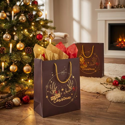 Sac cadeau de Noël brun et or avec motif bois de cerf 18x10x23cm | Floristik24.fr