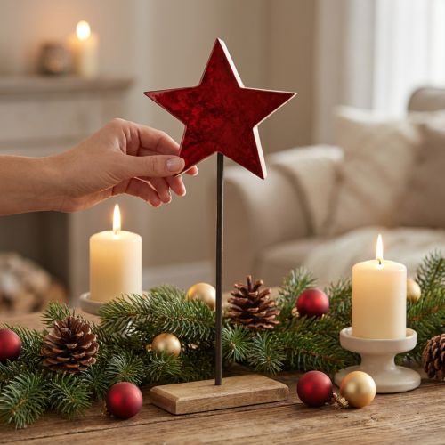 Étoile décorative en bois avec socle et tige métallique rouge 20x9,5x50 cm | Floristik24.fr