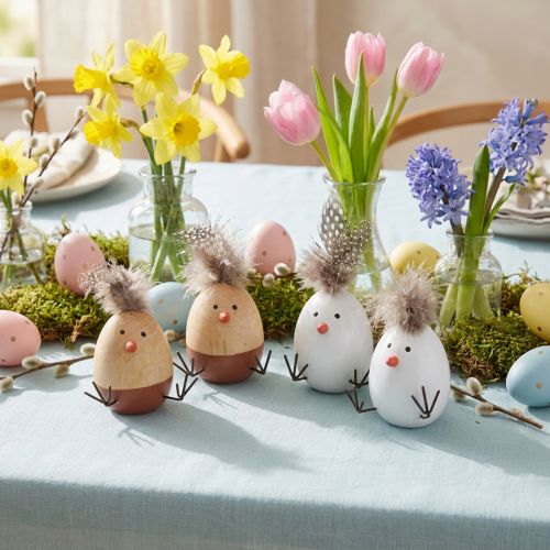 Article Lot de 4 poussins décoratifs en forme d’œufs, plume naturelle, 9 cm, blanc et naturel